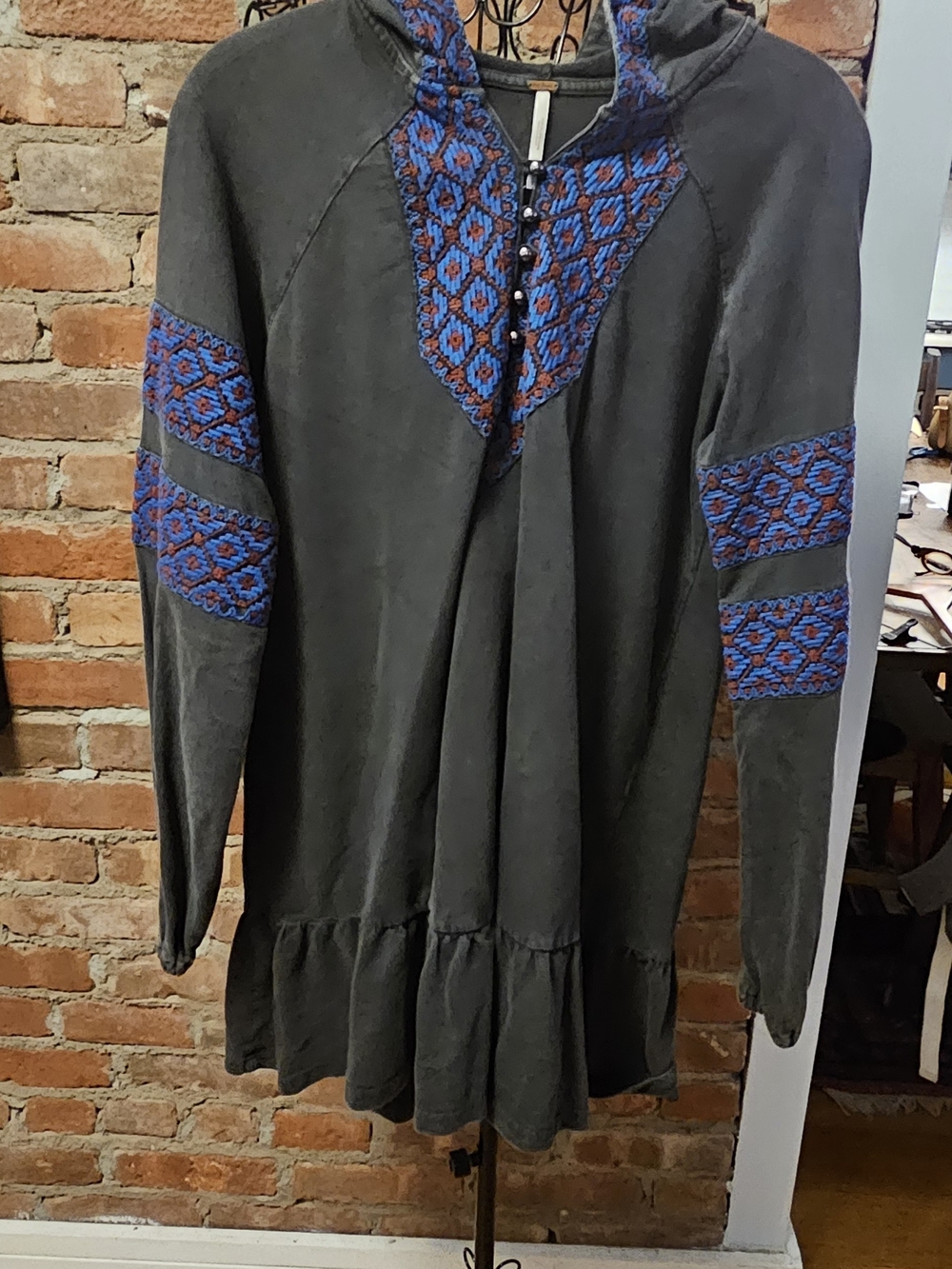 Free People Black Cotton Mini Dress with Blue Embroidered Panels And Hood